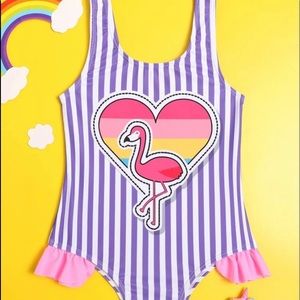 Stripe sunset heart flamingo waist one piece swim